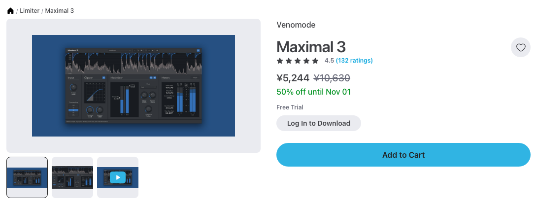 Plugin BoutiqueのMaximal 3の商品ページ(2026年10月23日時点で¥5,244・通常¥10,630・11月1日まで)