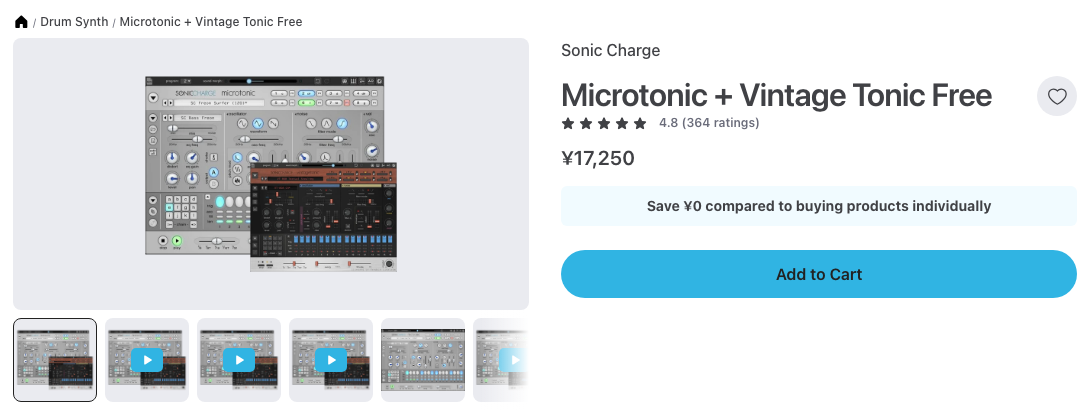 Plugin BoutiqueのSonic Charge Microtonic + Vintage Tonic Freeの製品ページ（2026年10月29日時点で¥17,250）