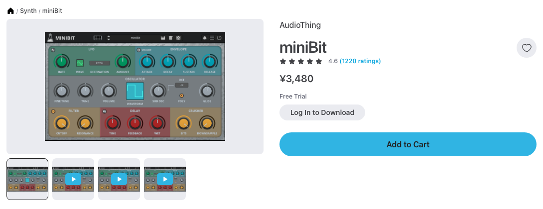 Plugin BoutiqueのAudioThing miniBitの製品ページ。評価4.6・1220件(2026年10月8日時点で¥3,480)