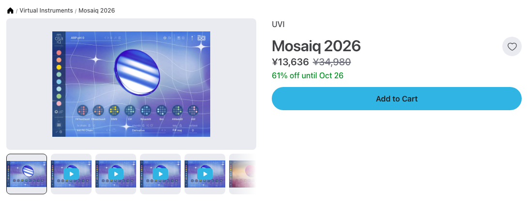 Plugin BoutiqueのMosaiq 2026の製品ページ（2026年10月20日時点で¥13,636・通常¥34,980・61%オフ）