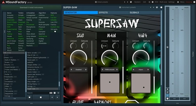 MeldaProduction MSoundFactory の画面。左にジャンル・音色の一覧、右に SUPER-SAW の音作りの画面(Plugin Boutique の製品画像)