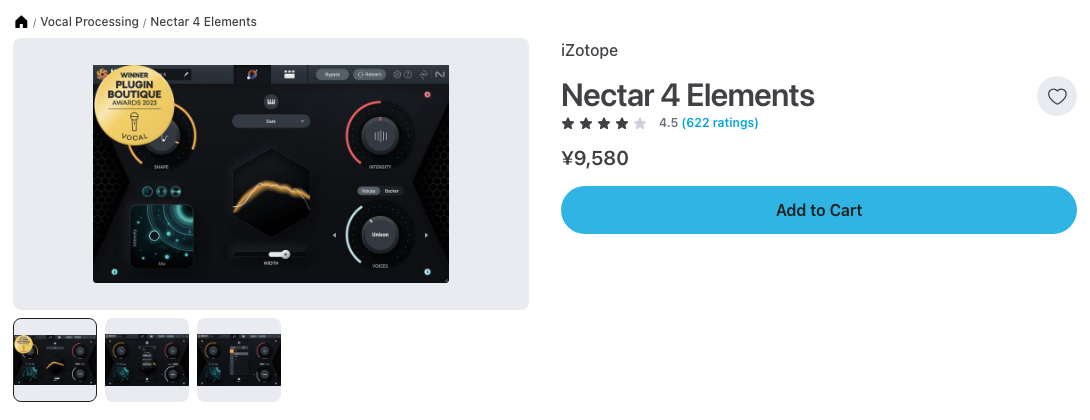 Plugin Boutique の iZotope Nectar 4 Elements の製品ページ（2026年10月9日時点で¥9,580）
