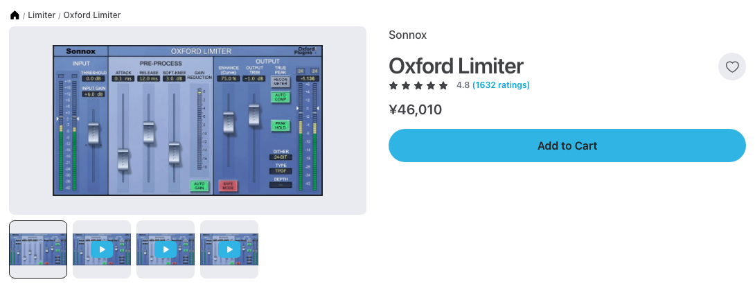 Plugin Boutique の Sonnox Oxford Limiter の製品ページ（2026年10月23日時点で¥46,010）