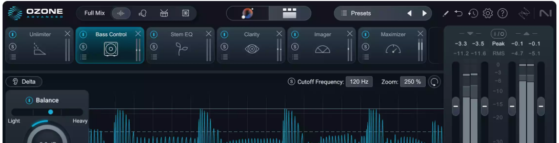 Plugin Boutique に載っている Ozone Advanced の画面。上の列に Unlimiter・Bass Control・Stem EQ・Clarity・Imager・Maximizer のモジュールが並ぶ