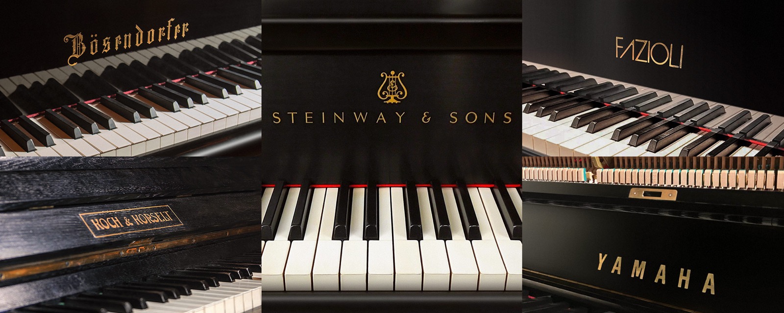 Pianoverseに収録されているピアノのメーカー（Bösendorfer・Steinway & Sons・Fazioli・Koch & Korselt・Yamaha）の鍵盤（Plugin Boutiqueの製品説明より）
