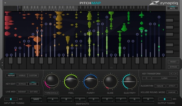 Zynaptiq PITCHMAP の画面。混ざった音の中の音の高さを鍵盤の上に表示し、スケールに合わせて置き換える（Plugin Boutique の製品画像）