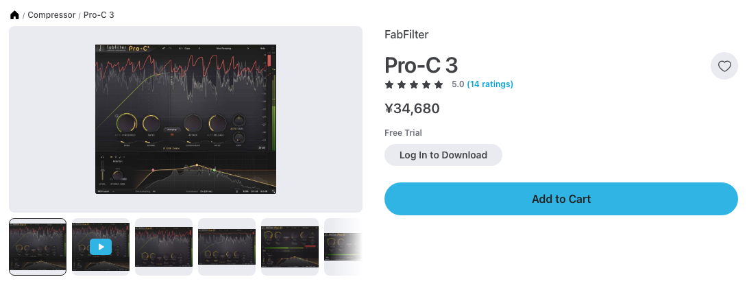 Plugin BoutiqueのFabFilter Pro-C 3商品ページ（2026年10月6日時点で¥34,680・セールなし）