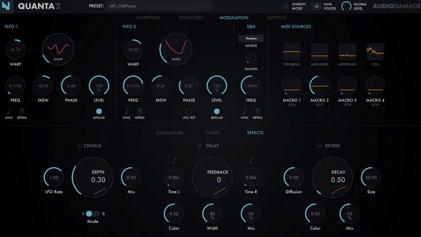 Quanta 2 の MODULATION 画面。上に FLFO 1・2、S&H、MACRO 1〜4、下に CHORUS・DELAY・REVERB のエフェクト（Plugin Boutique の製品画像）
