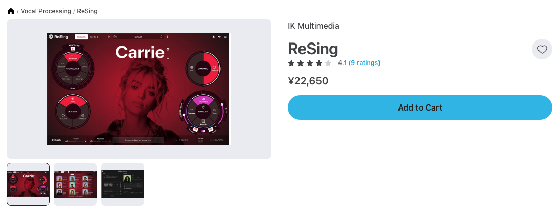 Plugin BoutiqueのIK Multimedia ReSingの製品ページ(2026年10月9日時点で¥22,650)