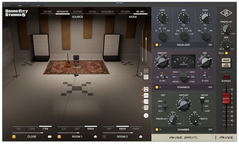 UAD Sound City Studios の画面。左に Studio A の部屋とマイク、右に EQUALIZER・DYNAMICS・CHAMBER（Plugin Boutique の製品画像）