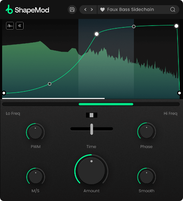 Core Collectionの音量を揺らすShapeModの画面。カーブを描いてダッキングを作る(Plugin Boutiqueの製品画像)