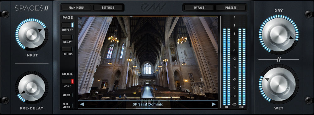 Spaces II の画面。左に INPUT と PRE-DELAY、右に DRY と WET のつまみ、真ん中に響きを録った場所(SF Saint Dominic)の写真が出る(Plugin Boutique の製品画像)