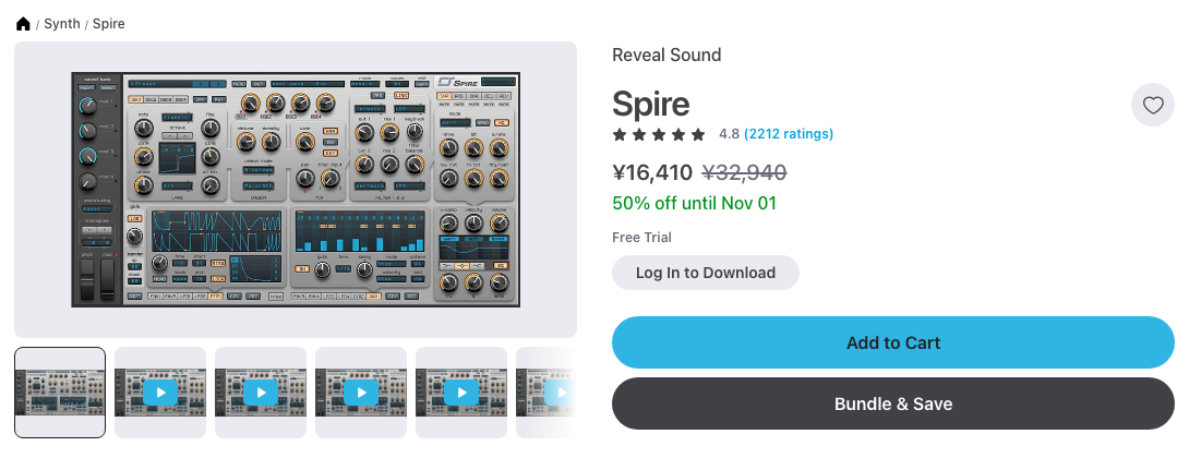 Plugin Boutique の Reveal Sound Spire の製品ページ（2026年10月17日時点で¥16,410・通常¥32,940から50%オフ・11月1日まで）