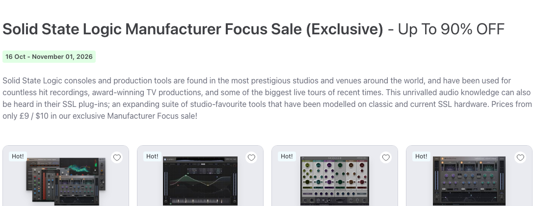 Plugin Boutique の Solid State Logic のセールのページ（16 Oct - November 01, 2026）