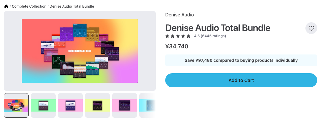 Plugin BoutiqueのDenise Audio Total Bundleの製品ページ(2026年10月23日時点で¥34,740)