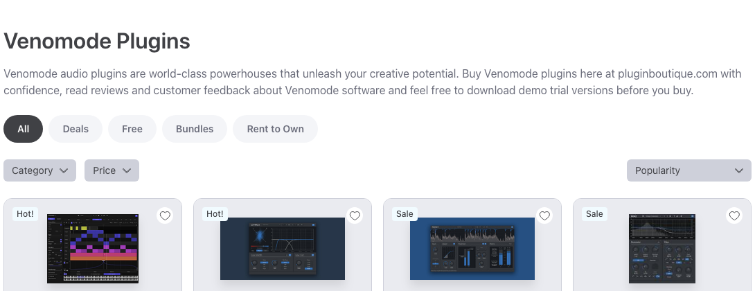 Plugin BoutiqueのVenomodeのメーカーページ(2026年10月23日時点)