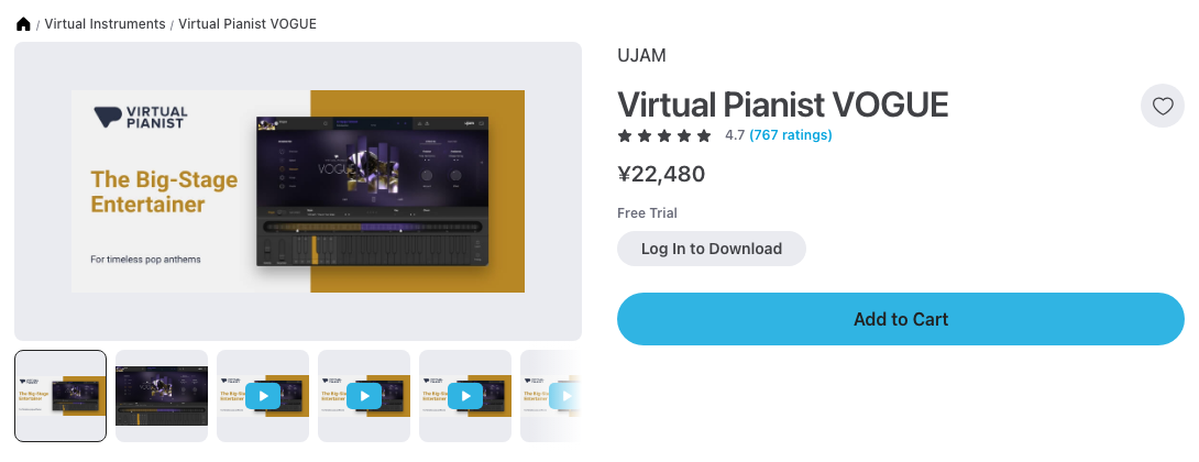 Plugin Boutique の UJAM Virtual Pianist VOGUE の製品ページ（2026年10月10日時点で¥22,480）