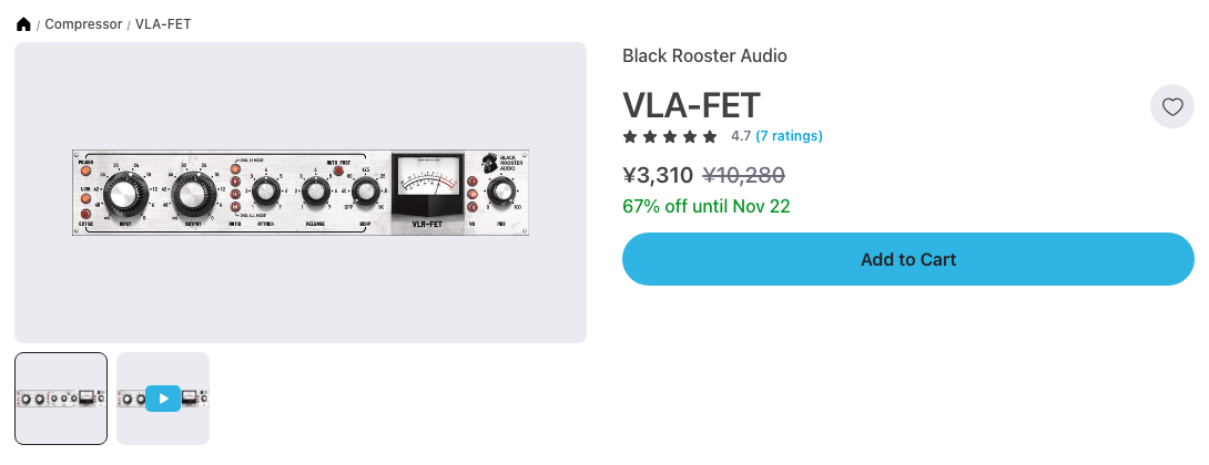 Plugin BoutiqueのBlack Rooster Audio VLA-FETの製品ページ(2026年10月27日時点で¥3,310・67%オフ)