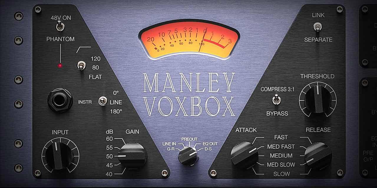 Manley VOXBOXのプリアンプとコンプの部分を近くから写した画像。中央にオレンジのVUメーター、左にINPUTとGAIN、右にTHRESHOLD・ATTACK・RELEASE（Plugin Boutique の製品画像）