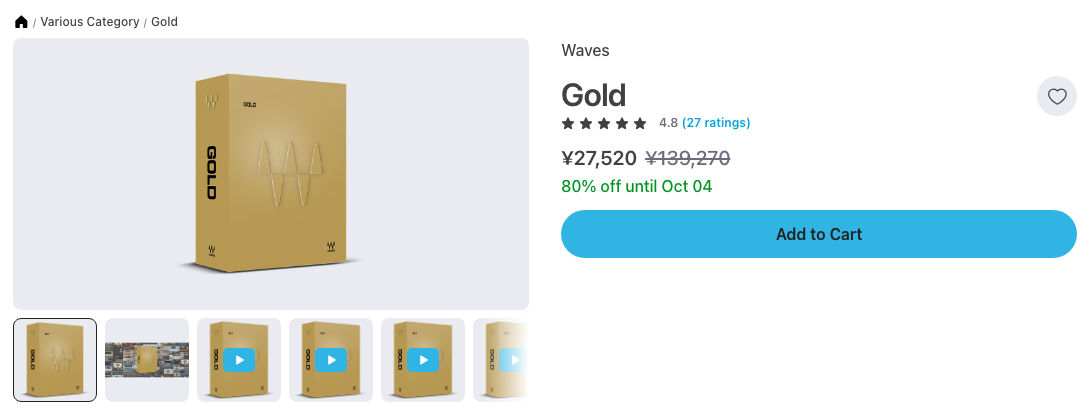 Plugin BoutiqueのWaves Gold商品ページ。2026年10月1日時点で¥27,520（通常¥139,270・80%オフ、10月4日まで）