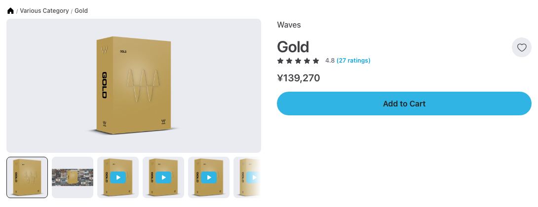Plugin BoutiqueのWaves Goldの商品ページ。金色の箱の製品画像と、評価4.8(27件)(2026年10月21日時点で¥139,270)