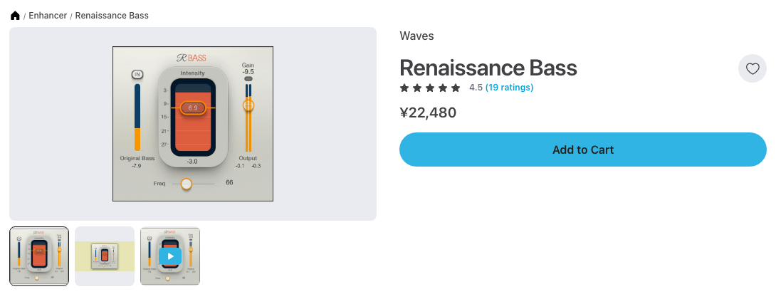 Plugin BoutiqueのWaves Renaissance Bass商品ページ。中央のIntensityで低音の足し具合、下のFreqで足す帯域を決める（2026年10月21日時点で¥22,480）