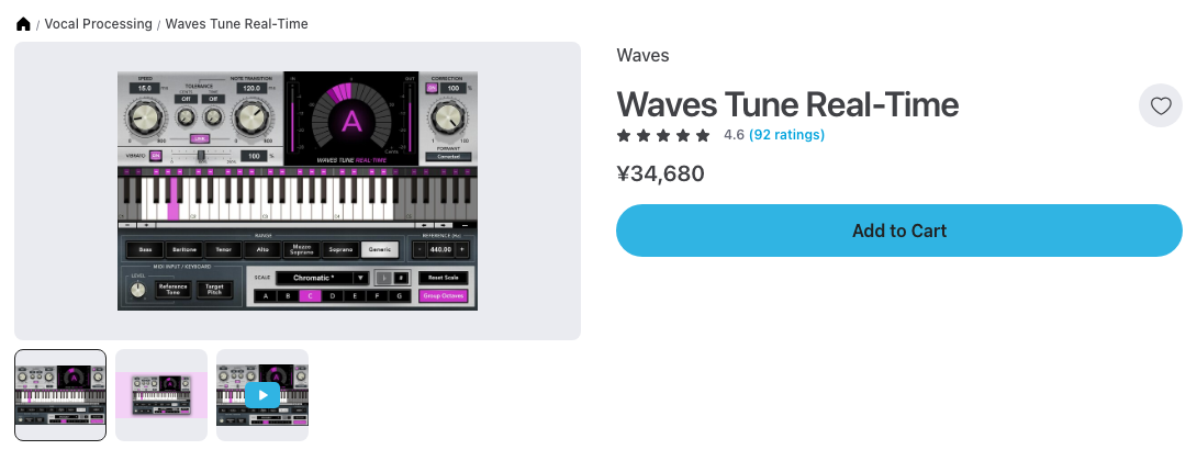 Plugin BoutiqueのWaves Tune Real-Timeの製品ページ（2026年10月14日時点で¥34,680）