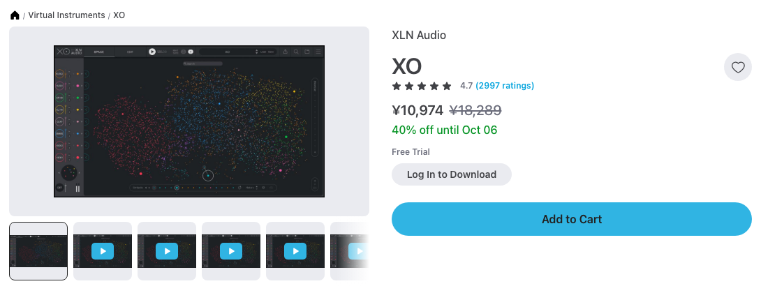 Plugin BoutiqueのXLN Audio XO商品ページ（2026年10月1日時点で¥10,974・通常¥18,289・40%オフ、10月6日まで）