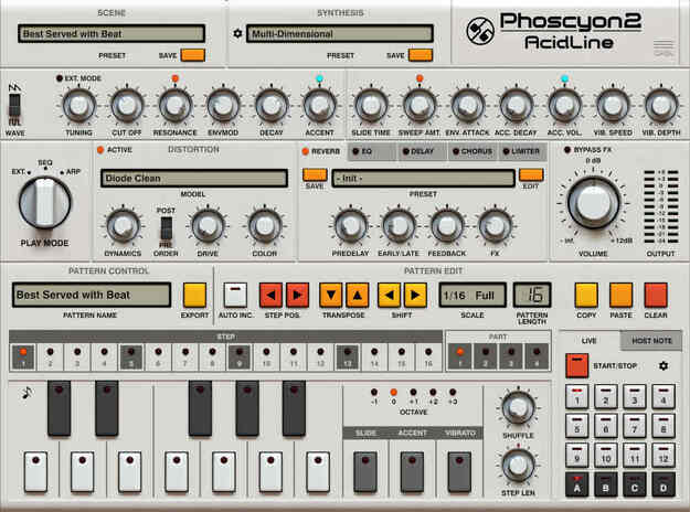 D16 Group Phoscyon 2の画面。303を再現したつまみの列と、16ステップのパターンシーケンサー（Plugin Boutiqueの製品画像）