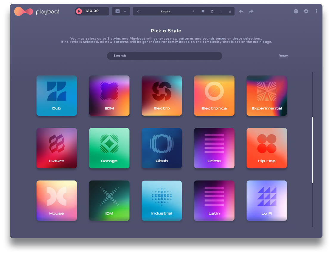 Playbeat 4のPick a Style画面。Dub・EDM・Hip Hop・House・Lo Fiなどのスタイルから3つまで選べる(Plugin Boutiqueの製品画像)
