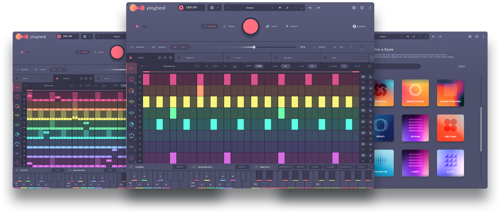 Playbeat 4のメイン画面。8つのシーケンサーが色分けされて並び、上にRANDOM・REMIX・SMART・INSTANTのボタン(Plugin Boutiqueの製品画像)