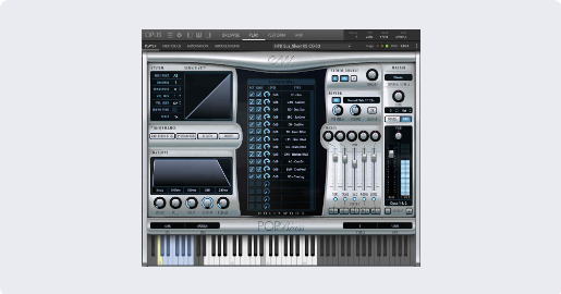 EastWest Hollywood Pop BrassのOpus画面。左にエンベロープ、中央にアーティキュレーションの一覧、下に鍵盤