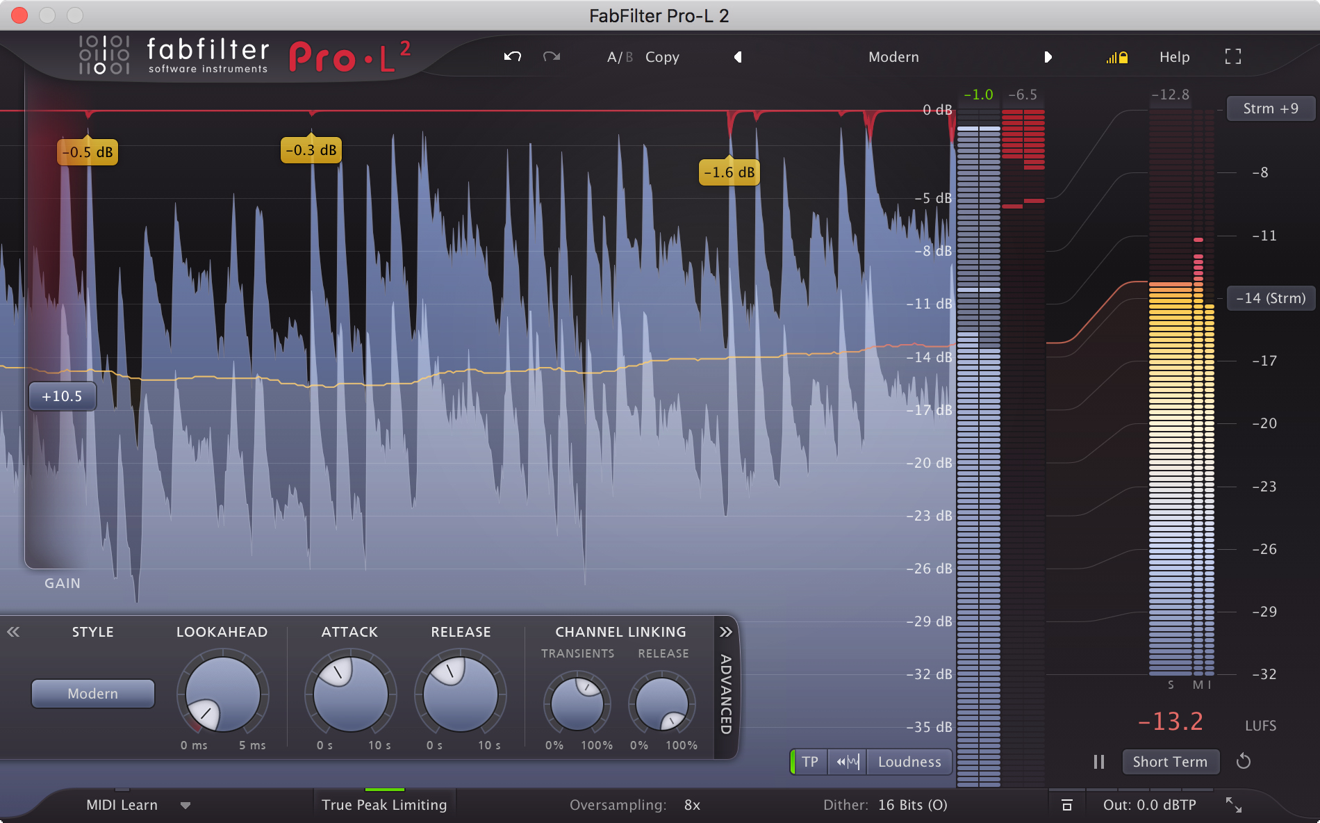 FabFilter Pro-L 2 の画面。波形の上にゲインリダクションの量が -0.5 dB などの数字で出て、右にラウドネスメーター(Short Term -13.2 LUFS)が並ぶ(FabFilter 公式の製品画像)
