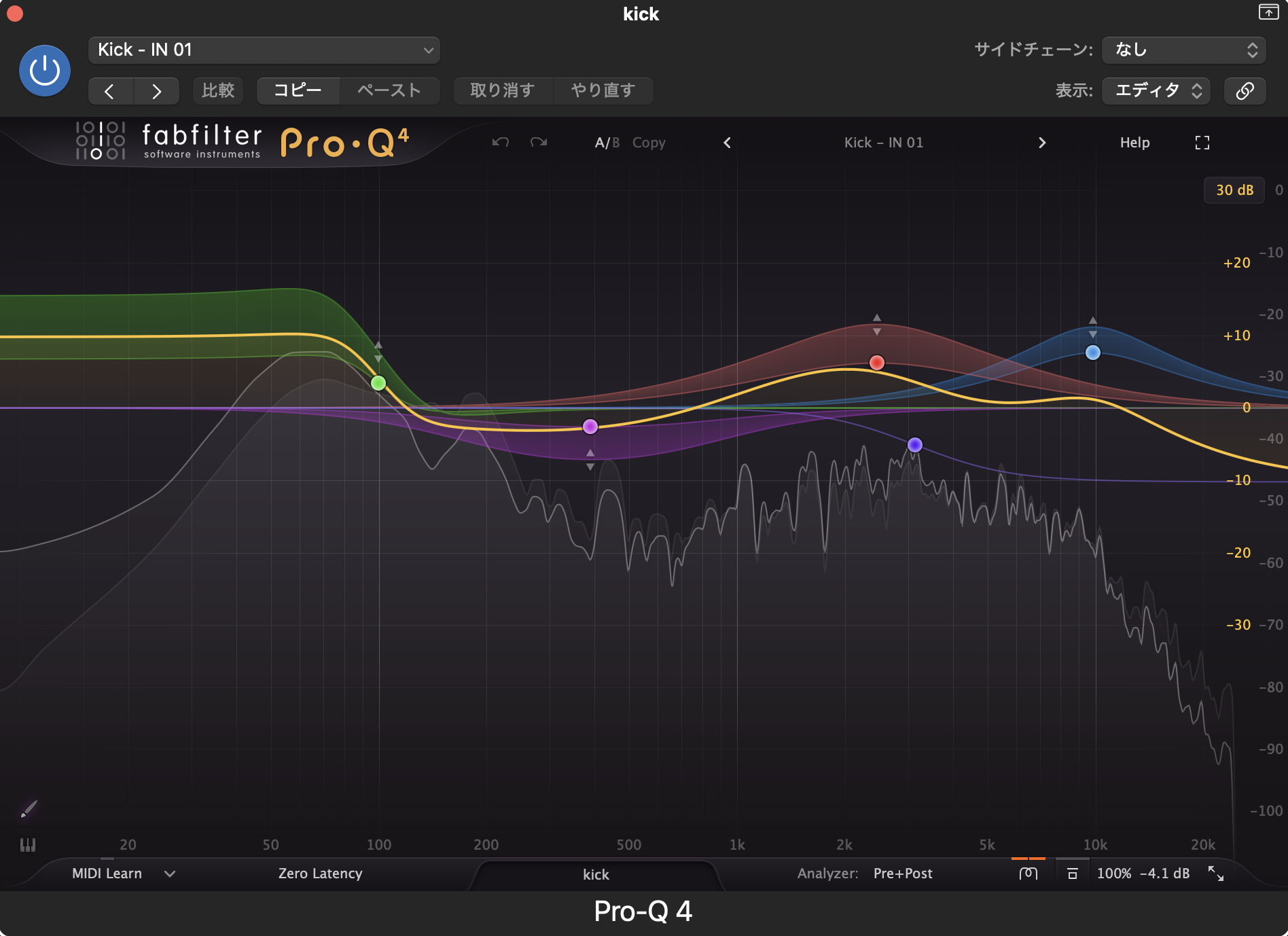 キックのトラックに挿した FabFilter Pro-Q 4。100Hz から下を持ち上げ、300〜400Hz あたりを下げ、2〜3kHz と 10kHz を持ち上げた形