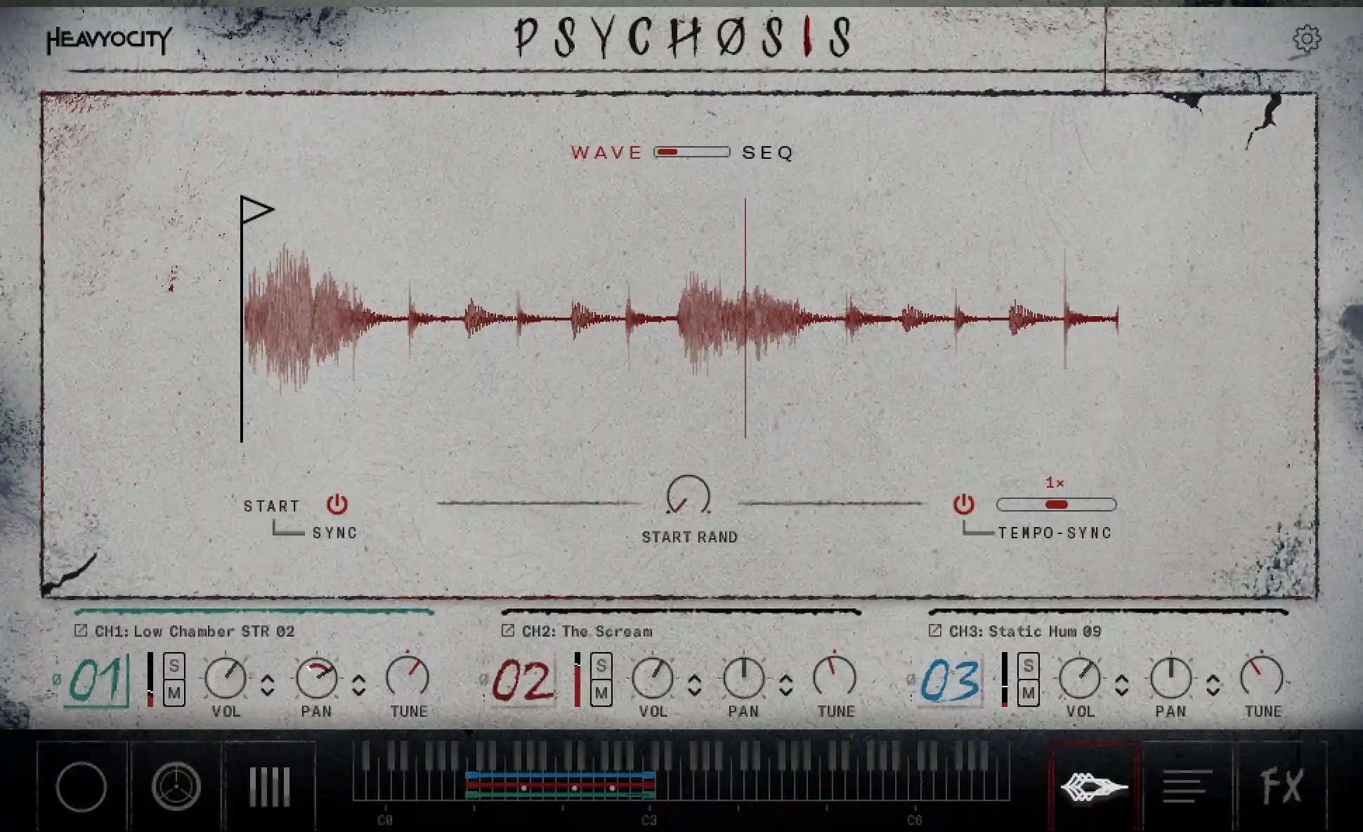 Psychosisの波形の画面。CH1 Low Chamber STR 02・CH2 The Scream・CH3 Static Hum 09の3つの音を重ね、開始位置やテンポ同期を設定する（Plugin Boutiqueの製品画像）