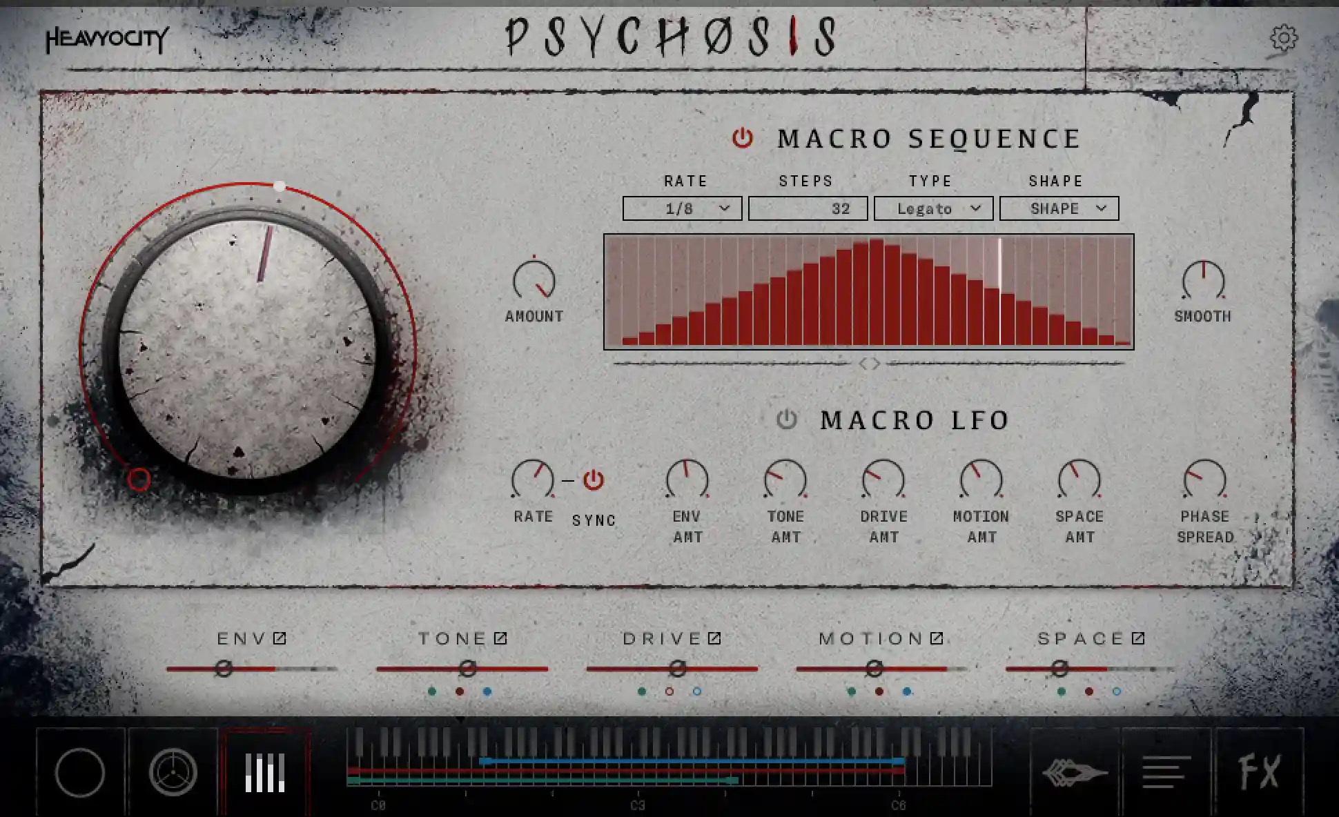 PsychosisのMACRO SEQUENCEとMACRO LFOの画面。大きなつまみの動きを32ステップで刻み、ENV・TONE・DRIVE・MOTION・SPACEにまとめてかける（Plugin Boutiqueの製品画像）