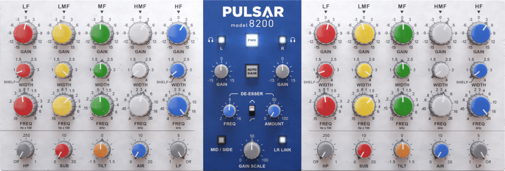 Pulsar 8200 のつまみ部分。LF〜HFの5バンドと、下段にHP・SUB・TILT・AIR・LP、中央にディエッサー（Plugin Boutique の製品画像）