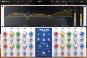 Pulsar 8200 の画面。上にEQカーブとアナライザー、下に左右2チャンネル分のつまみ（Plugin Boutique の製品画像）