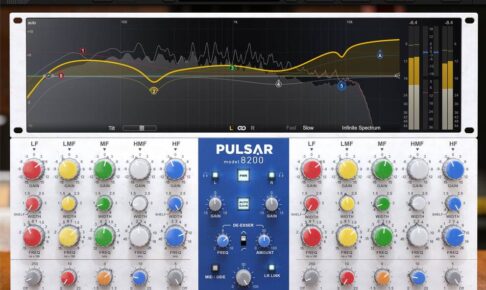 Pulsar 8200 の画面。上にEQカーブとアナライザー、下に左右2チャンネル分のつまみ（Plugin Boutique の製品画像）