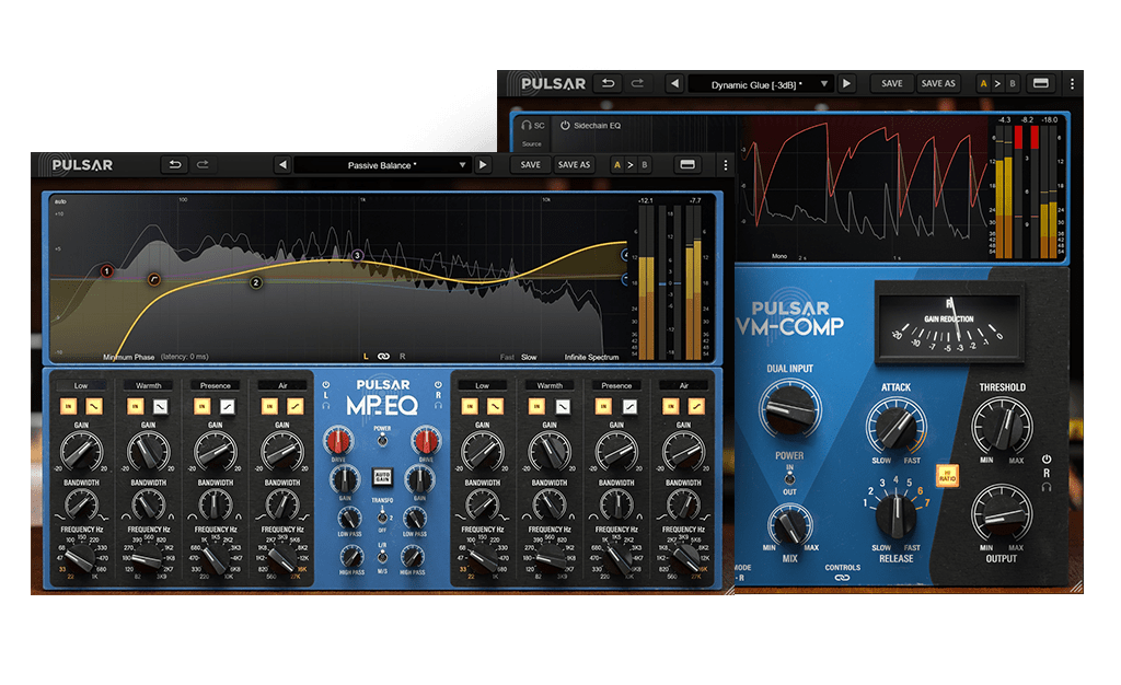 MP-EQ と VM-COMP を2本並べた Pulsar Audio Blue Bundle の画面(Pulsar Audio 公式の製品画像)
