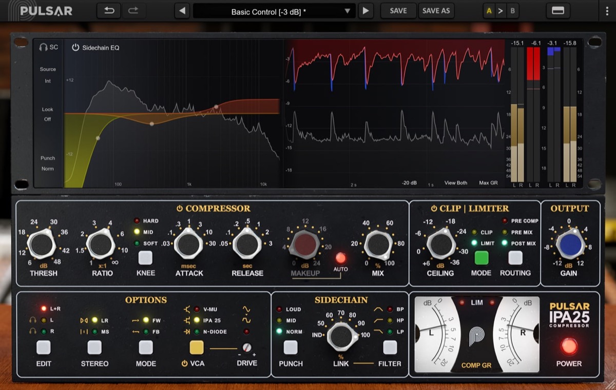 Pulsar Audio IPA 25 の画面。上にサイドチェインEQと波形、下に COMPRESSOR・CLIP / LIMITER・OPTIONS・SIDECHAIN の各部(Pulsar Audio 公式の製品画像)