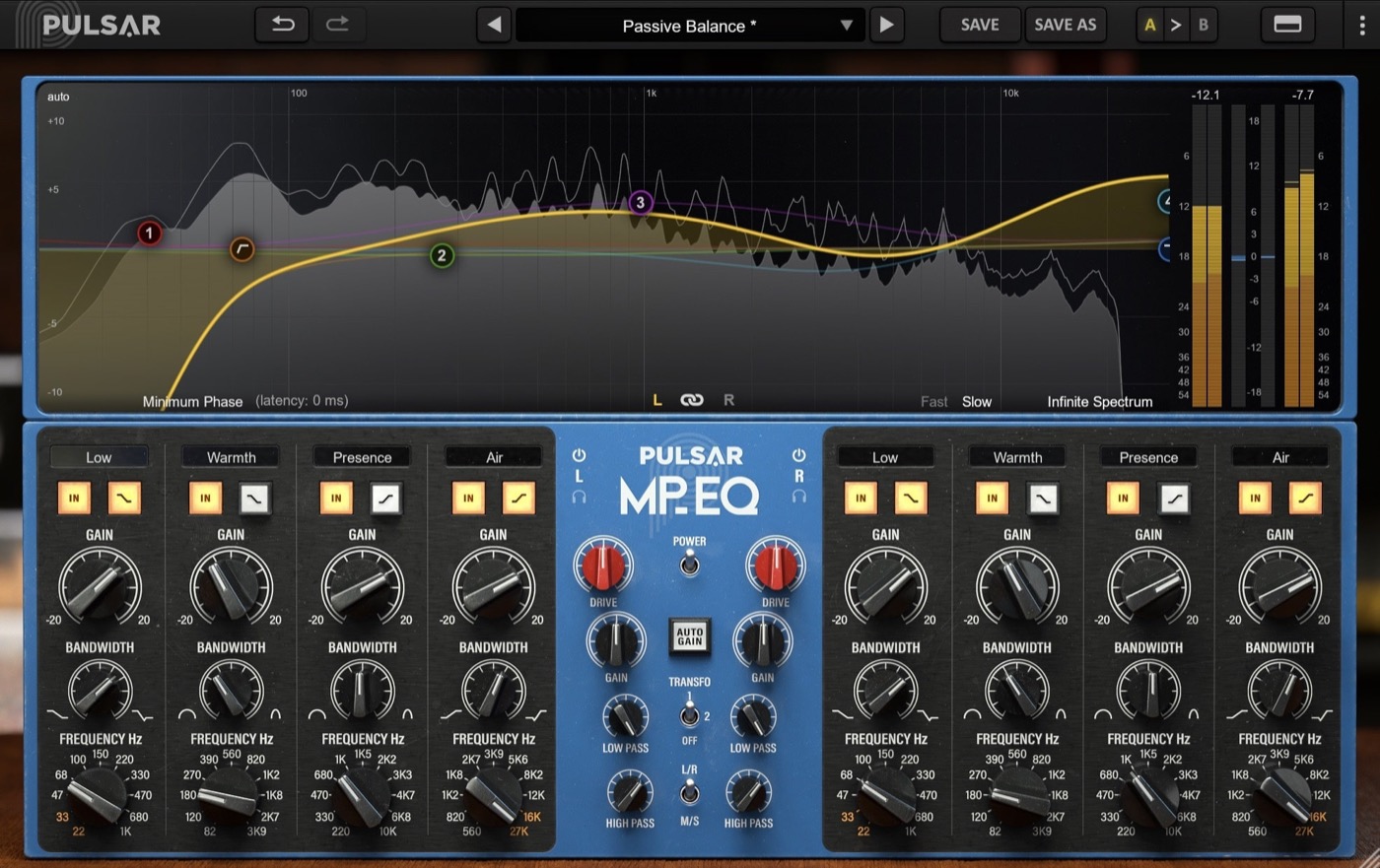 Pulsar Audio MP-EQ の画面。上にEQカーブとアナライザー、下に左右それぞれ Low・Warmth・Presence・Air の4バンドと中央の DRIVE(Pulsar Audio 公式の製品画像)