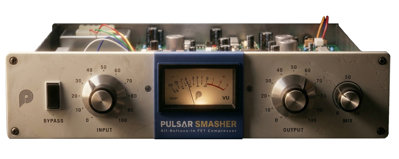 Pulsar Smasher の本体。パネルには「All-Buttons-in FET Compressor」と書かれている（Pulsar Audio 公式サイトより）