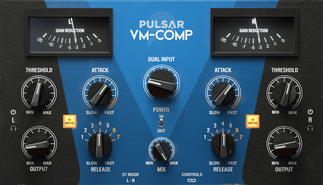 Pulsar Audio VM-COMP の画面。左右に THRESHOLD・ATTACK・RELEASE・OUTPUT、中央に DUAL INPUT と MIX(Pulsar Audio 公式の製品画像)