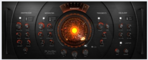 Heavyocity PUNISH の画面。左からCOMPRESSOR・SATURATION、中央の大きなPUNISHノブ、右にTRANSIENTS・EQUALIZER・LIMITER（Plugin Boutique の製品画像より）