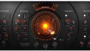 Heavyocity PUNISH の画面。左からCOMPRESSOR・SATURATION、中央の大きなPUNISHノブ、右にTRANSIENTS・EQUALIZER・LIMITER（Plugin Boutique の製品画像より）