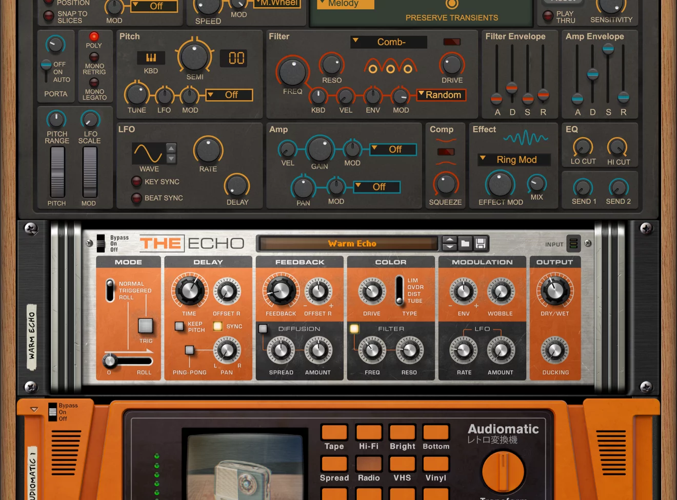 Reason のラックに積んだ機材。上からシンセ、ディレイの The Echo、音を古く変える Audiomatic（Reason Studios 公式の画像）