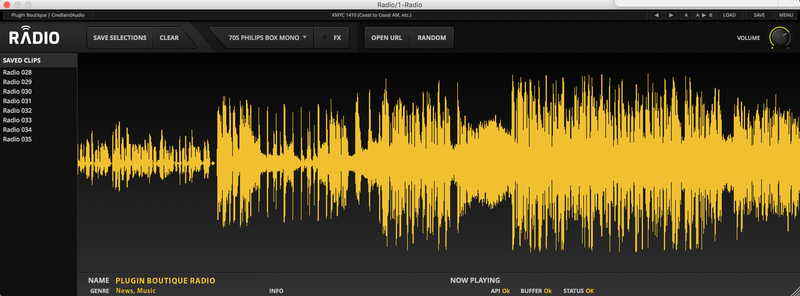 Plugin Boutique Radio の画面。ネットラジオの波形が流れ、上の段で 70S PHILIPS BOX MONO などのエフェクトを選べる(Plugin Boutique の製品画像)
