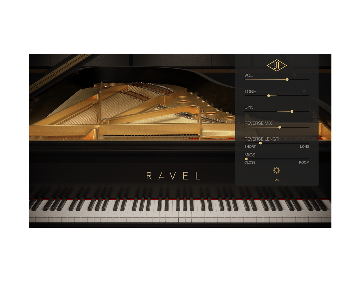 Ravel Grand Pianoの画面。VOL・TONE・DYN・REVERSE MIX・REVERSE LENGTH・MICS（CLOSE〜ROOM）のつまみが並ぶ（Universal Audio公式）