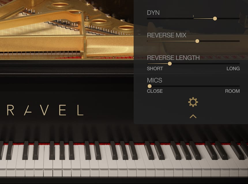 Ravel Grand PianoのREVERSE MIXとREVERSE LENGTH（SHORT〜LONG）のつまみ（Universal Audio公式）